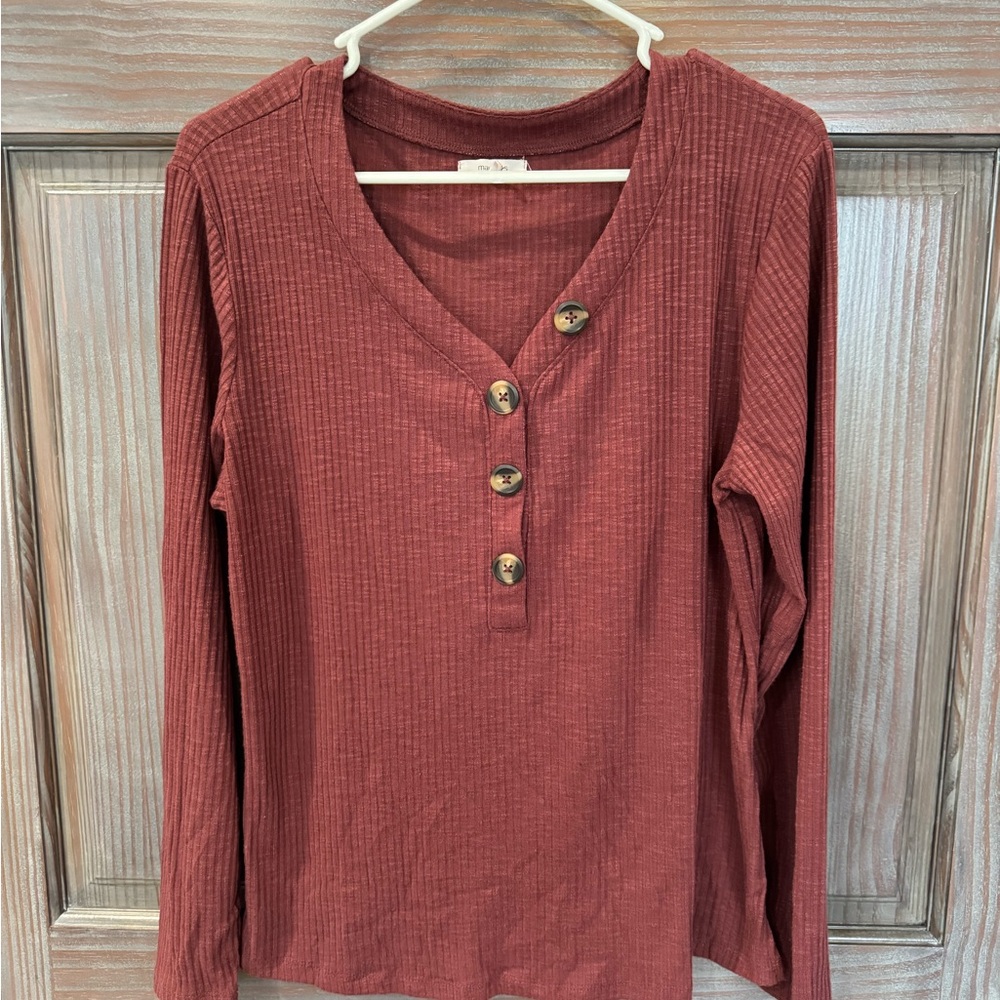 Maurices Long Sleeve Ribbed Top - Deep Red